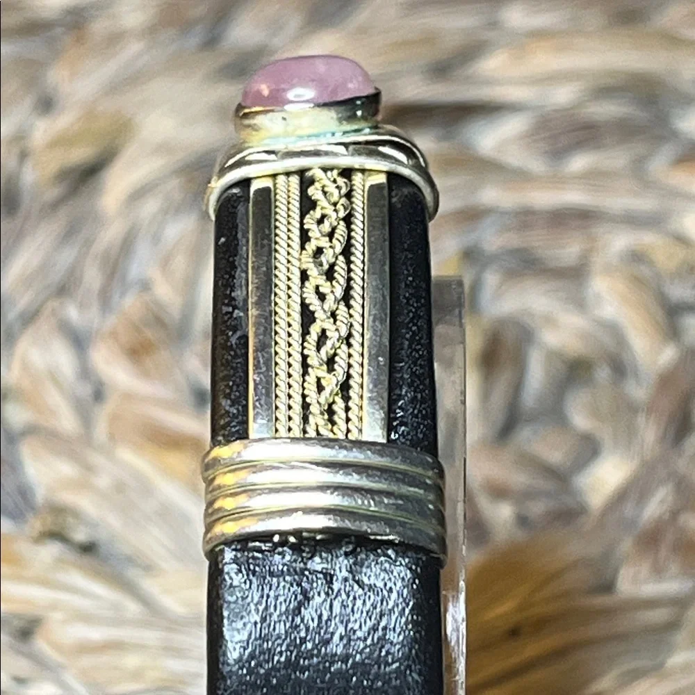 Silver and Black Leather Bracelet with‎ Pink Stone